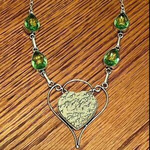 Stamped 925 Silver NATURAL German Dentrite Opal Green Peridot Heart Necklace